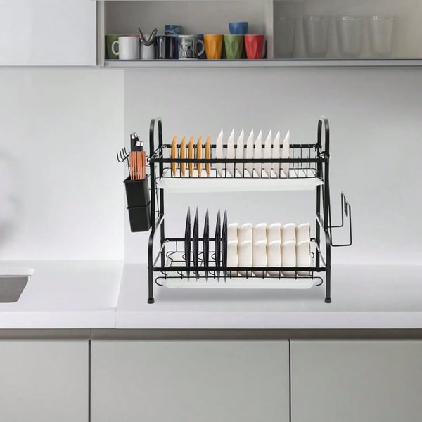 Opvaskestativ, 2-niveau design, bordpladeorganisator,2-lags, sort
