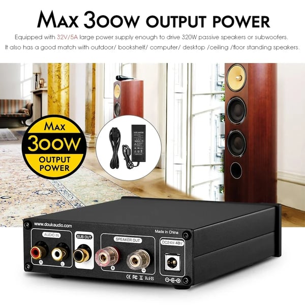 Subwoofer-forstærker, 300W maksimal effekt, justerbar frekvensrespons