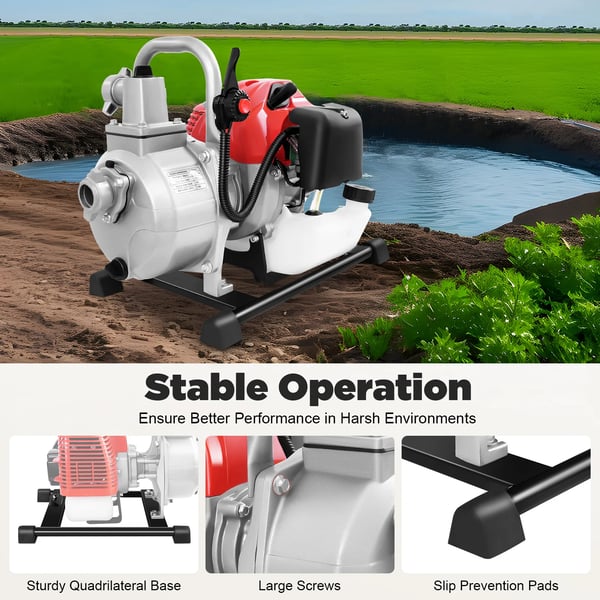 Vandpumpe, 42,5 cc motorvolumen, 1,45 kW effekt, 2 m indløbsrør længde, maksimal flow 10 m³/t, selvprimingstid 7 min