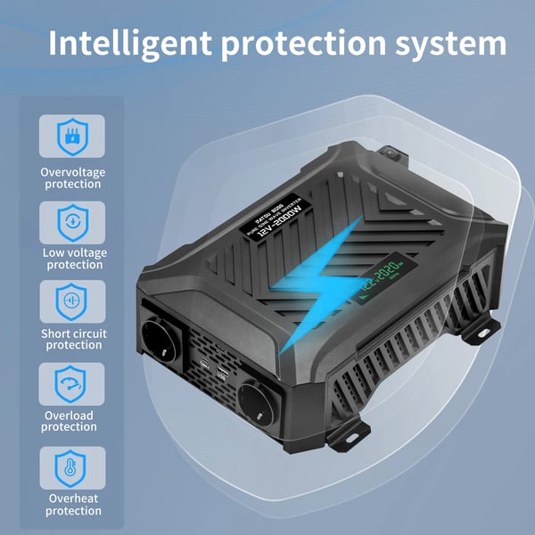 Inverter, 2000W belastningskraft, 4000W spidskraft, USB-opladning,E2000W-12V