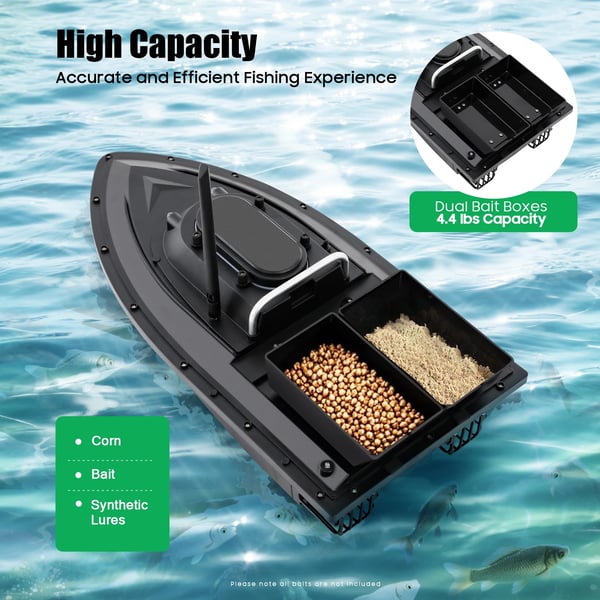 Fiskebaitbåd, Dobbelt Bin System, 5200mAh Lithiumbatteri,sort