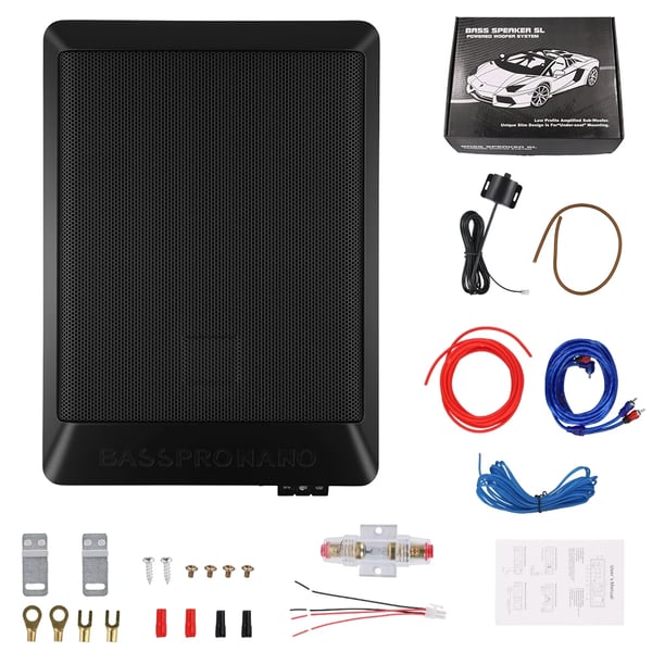 Under-sæde Subwoofer, Nominel Effekt 600W, Maksimal Effekt 1200W, Spænding 12V, Impedans 4 Ohm, Dimensioner 28 cm x 20 cm x 7,5 cm