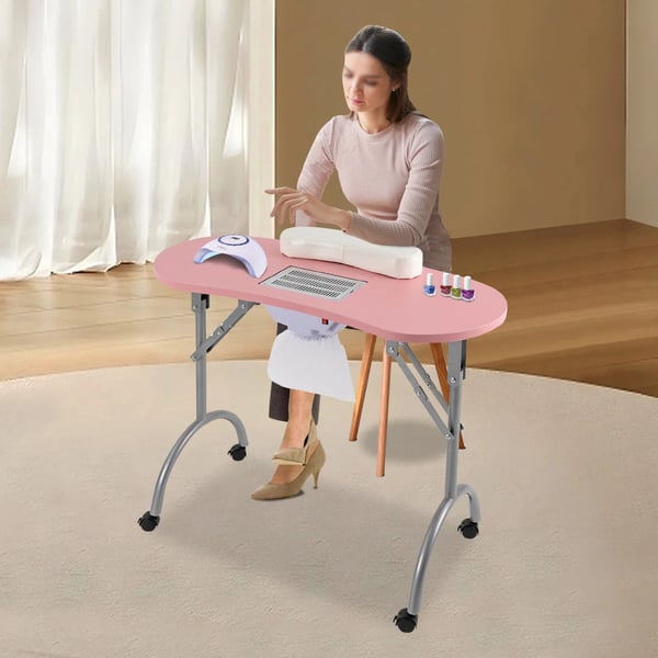Neglebord med hjul, foldbart design, indbygget støvsamler,Pink