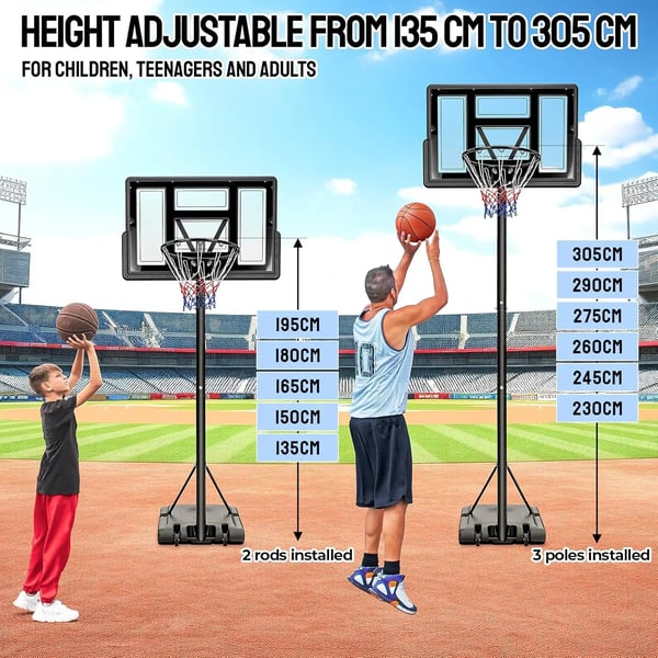 Basketballkurv, Højdejusterbar 230-305 cm, 110x70 cm Bagplade, 90x60x15 cm Base, 45 cm Kurv Diameter, Inkluderer Hjul