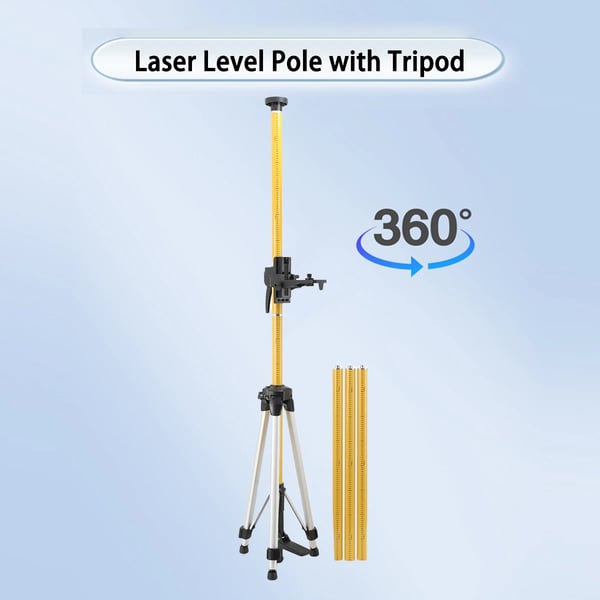 Teleskopisk stang, justerbar op til 12 fod, kompatibel med laser niveauer, monteringsgevind 1/4 tomme x 20 og 5/8 tomme x 11, inkluderer bæretaske
