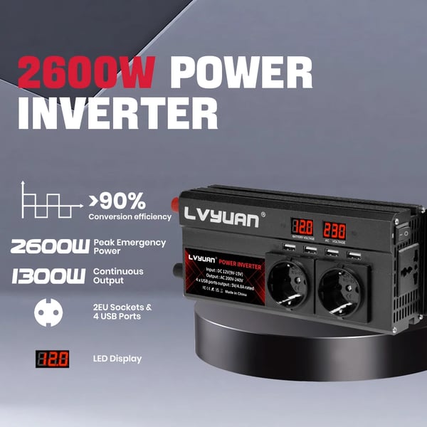 Strømomformer, 1300W Nominel Effekt, LED Skærm,2600W Sort