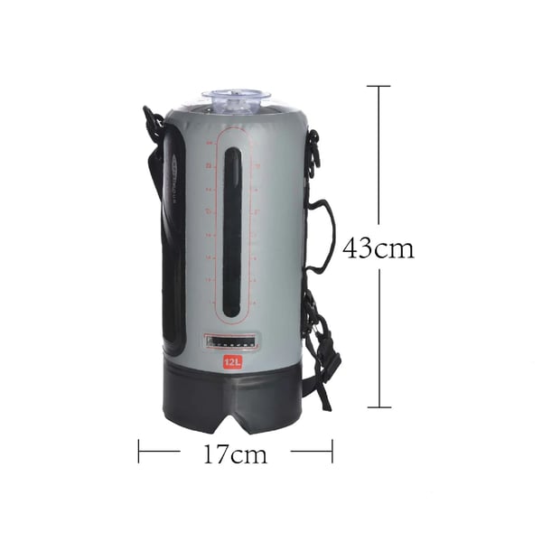 Campingbruser, 12 liter kapacitet, fodbetjent betjening, justerbart tryk, multifunktionel dyse, letvægtsdesign