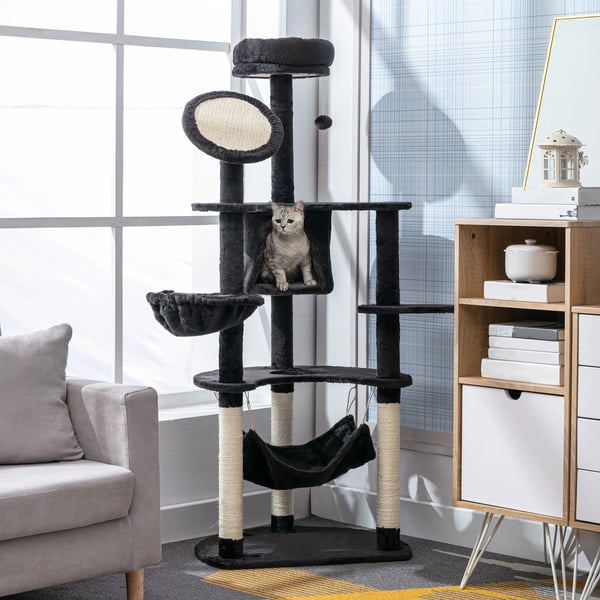 Kattens Kradsetræ, Flere Platforme, Interaktive Legetøj,Mørk Grå, 64.5X50.5X153 cm