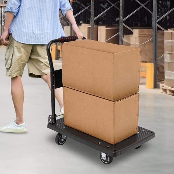 Platformvogn, Sort, 150 kg Kapacitet, Dimensioner 48 cm x 72 cm x 85 cm, Hjuldiameter 10 cm, 4 Hjul