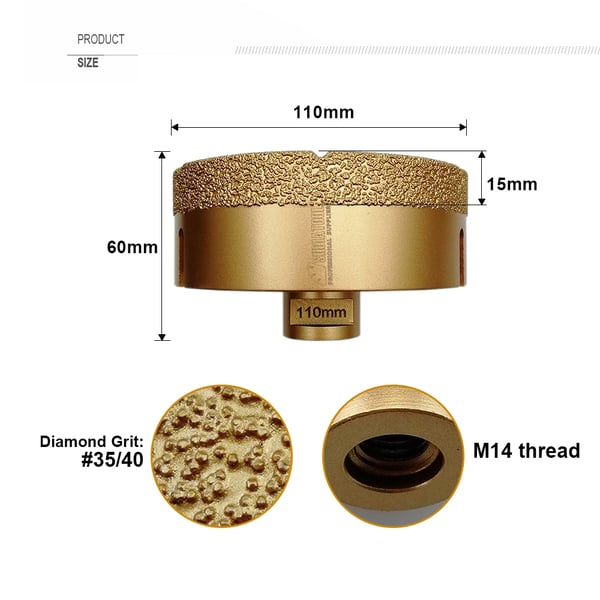Diamantboringskernebit, 110 mm diameter, M14 gevindforbindelse,M14 gevind, 1Stk 110mm
