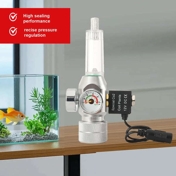 CO2 Trykregulator, Kompakt Metal- og Plastdesign, Solenoidventil Inkluderet, Kompatibel med Sodastream Flasker, Indbygget Boble Zähler