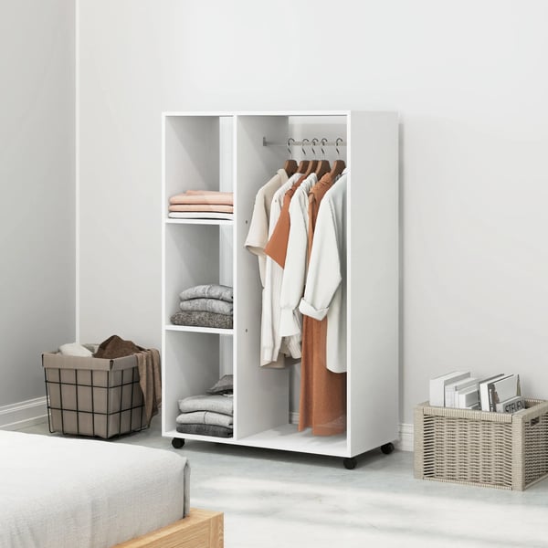 Mobil Garderobe, Ingeniørtræ, 80 cm x 40 cm x 128 cm, Maksimal Belastning 15 kg, Stangbelastning 10 kg, Rullende Tøjstativ