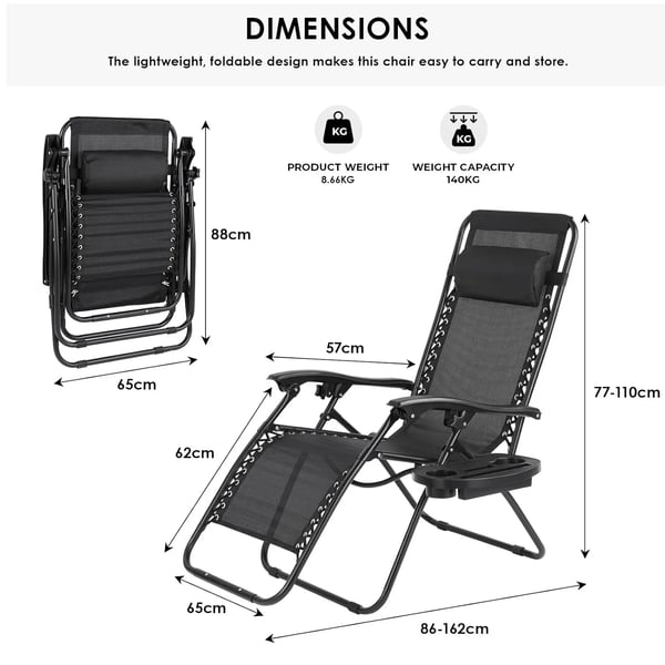 Foldbar havestol, Stålramme, Belastningsevne 140 kg, Dimensioner 90 x 64 x 110 cm, Justerbare liggende positioner, Ergonomisk design
