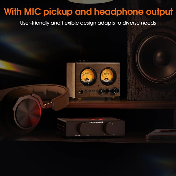 Ljudväljare, valnötsträ, dimensioner 121mm x 55mm x 83mm, stereo RCA & AUX-ingång, frekvensrespons 20Hz-20KHz, 0,01% THD