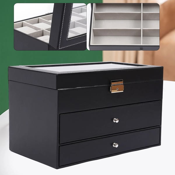 Smykkeskrin, 3-lags opbevaring, 33,7*19,4*20,5 cm, 6 brillekompartments, 12 urkompartments, moderne stil