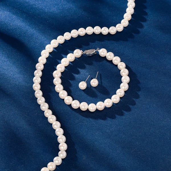 925 Sterling Perle Smykkesæt, Halskæde 50,8 cm, Armbånd 22,8 cm,lyserød, sølv