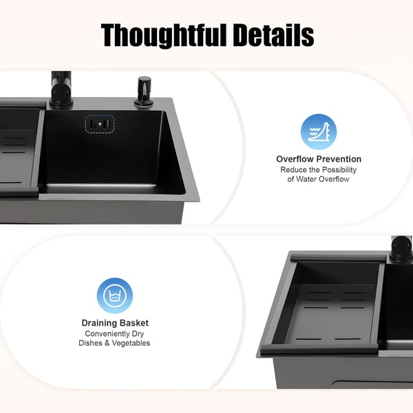 Køkkenvask, Rustfrit Stål, Enkelt Skål med Utrækkelig Vandhane,sort