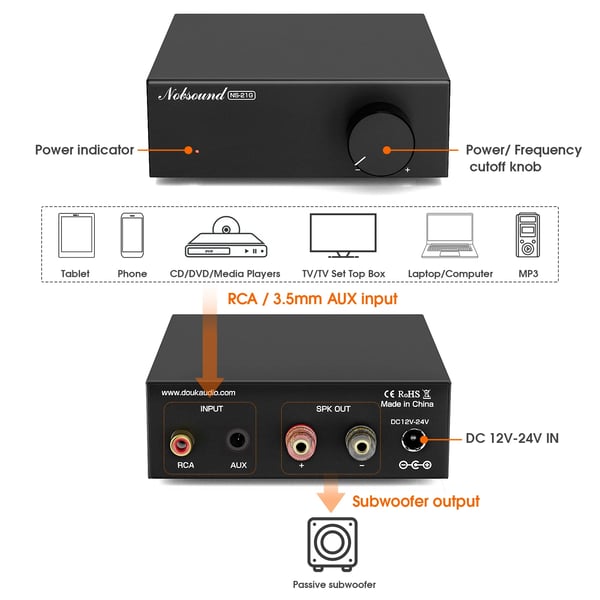 Subwoofer-vahvistin, 100W teho, mono-kanava, RCA- ja AUX-yhteensopivuus, säädettävä matalapäästösuodatin, kompakti muotoilu