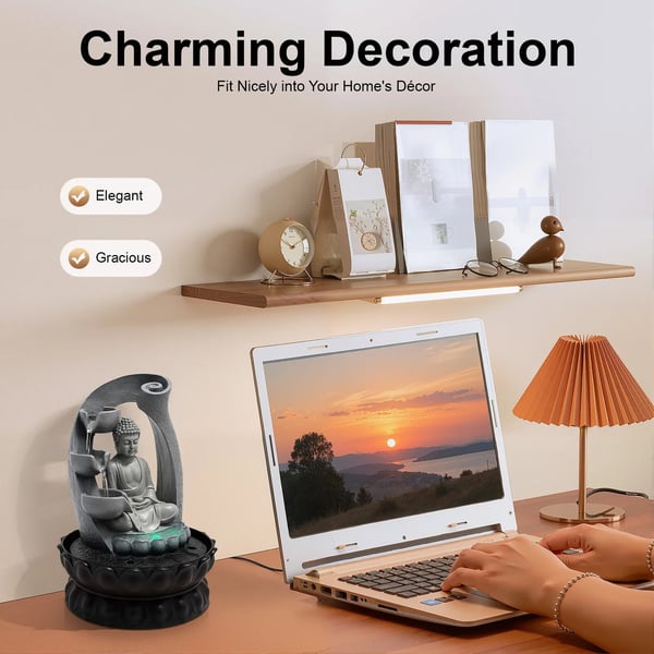 Fontän, Buddha-design, LED-belysningsfunktion,grå