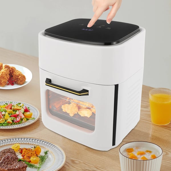 Luftfritösugn, 15L kapacitet, 1400W effekt, temperaturintervall 80-200℃, tidsintervall 5-65 minuter, LED-display
