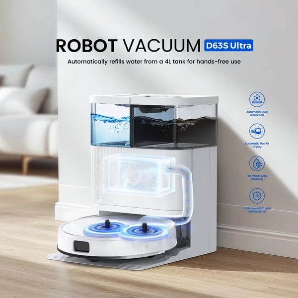 Robotstøvsuger og moppe, 10KPa sugeevne, selv-tømning,EU, D63S Ultra
