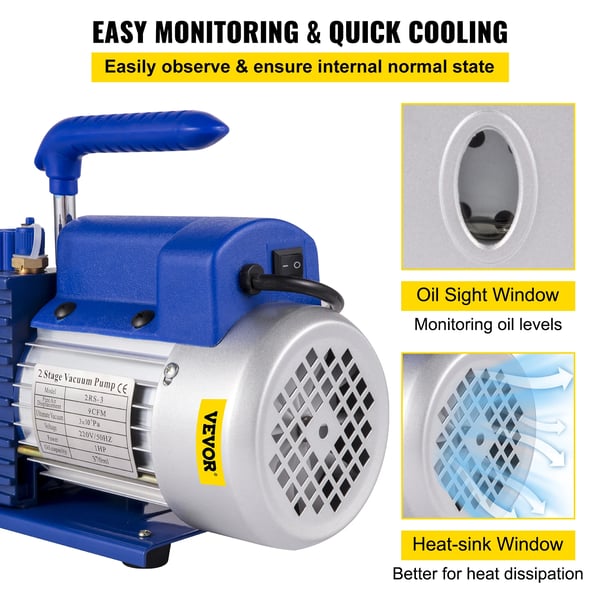 Vakuumpumpe, 9.0CFM flow rate, 1HK effekt, 15 mikron vurdering, 2 trin, 300ml oliekapacitet