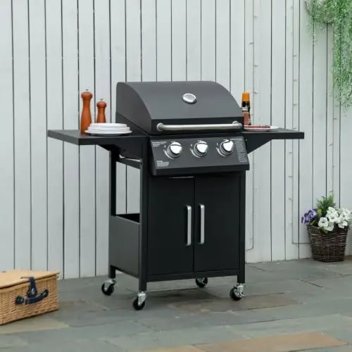 Gasolgrill, 3 brännare, 3 kW effekt, mått 121 x 55 x 109 cm, mobil design, lättläst termometer