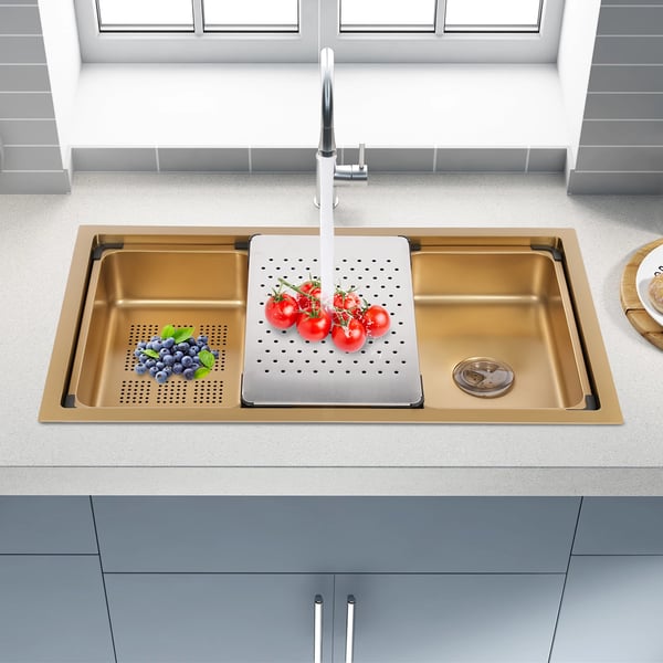 Køkkenvask, 76 cm længde, 45,8 cm bredde, 22 cm dybde, holdbart rustfrit stål, installationsmetode: undermount/overmount/drop-in