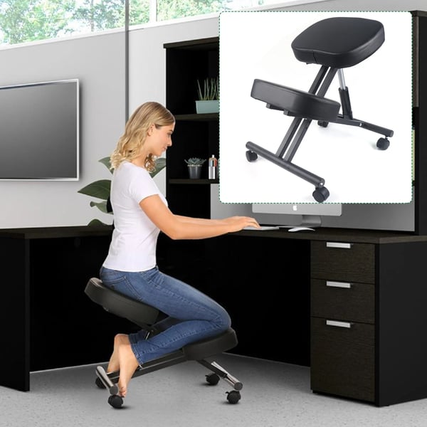 Ergonomisk Knæstol, Tykk Pude, Justerbar Højde 50-60cm, 70 x 46cm, Fire Hjul til Mobilitet, Sort