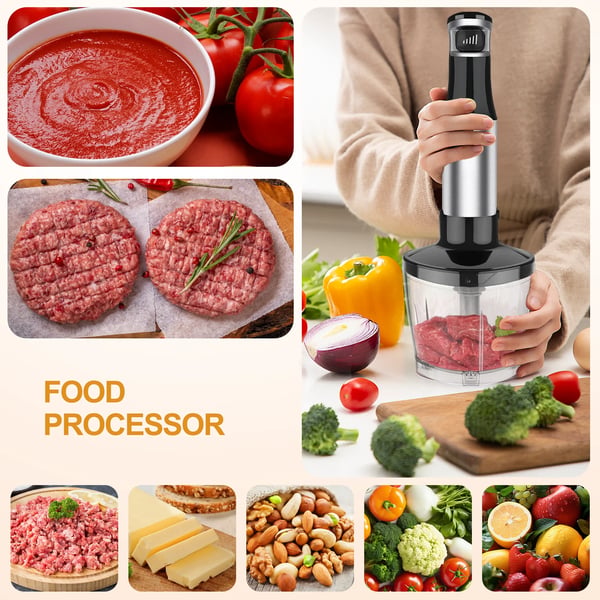 Håndholdt stavblender, 5 hastighedsindstillinger, rustfrit stål design,5 i 1, EU stik, sort