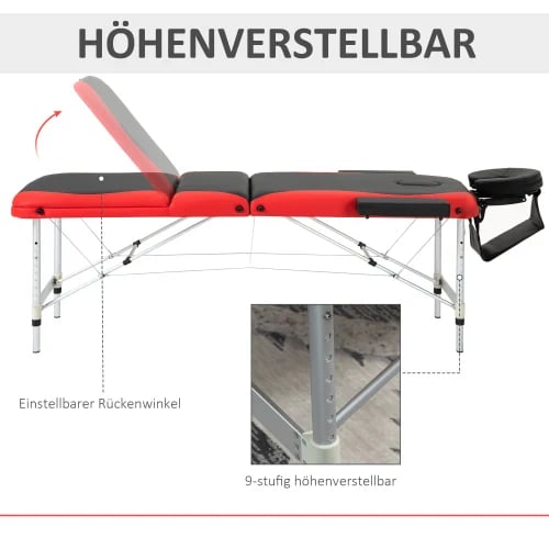 Massagebord, 215 cm x 60 cm x 61-84 cm, Aluminiumramme, Skumpolstring, PVC Læderbetræk, 225 kg Vægtkapacitet