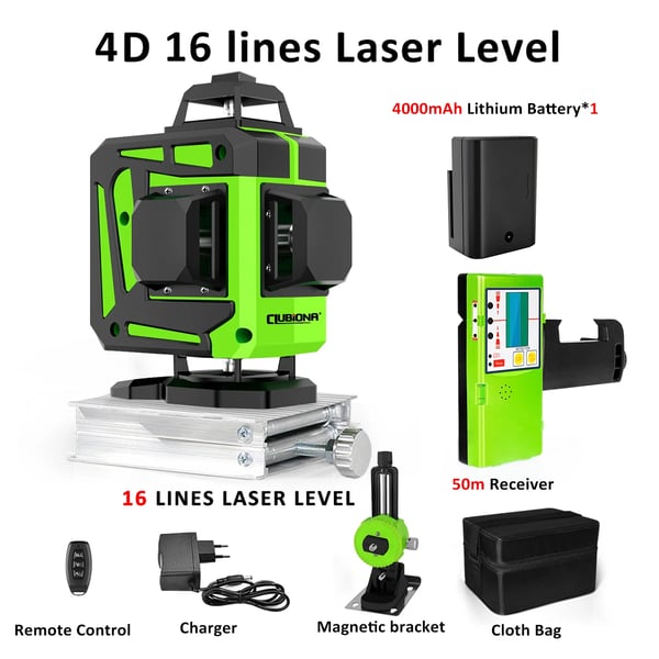 Grøn Laser Nivelleringsværktøj, 16 Linjer, Fjernbetjening, Selvnivellerende,IE16C DC11G