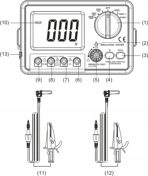 Isolationsmodstandstester, Testområde 250V til 1000V, Digitalt display, Bærbart design, Egnet til flere anvendelser, CE- og FCC-certificeret