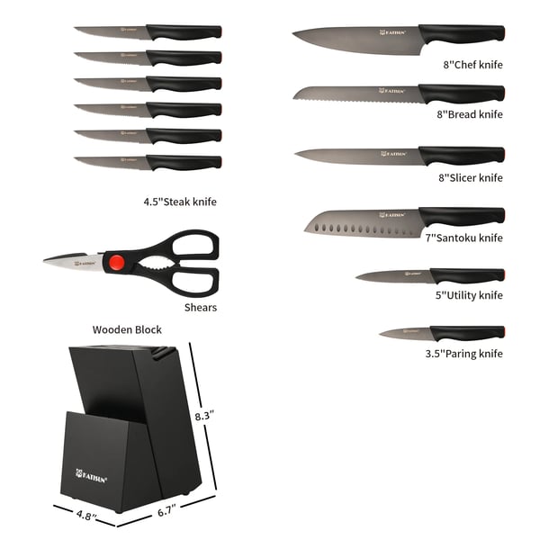Kniv Sæt, Kulstofstål Materiale, 15 Stykker, Klinge Længde 16,3 cm, Håndtag Længde 13 cm, Klinge Vinkel 60°