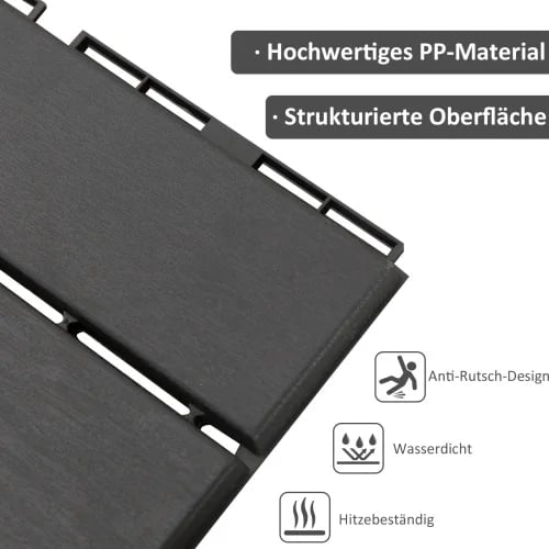 Balkontiles, Genanvendt polypropylen, 30 cm x 30 cm x 2 cm, Dækning 0,81 m², Vægt 2,7 kg, Skridsikker overflade