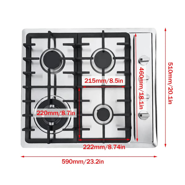 Gasovn, 59x51cm kogeplade, 4 brændere, 3kW hurtig brænder, 1,75kW semi-hurtige brændere, automatisk flammebeskyttelse
