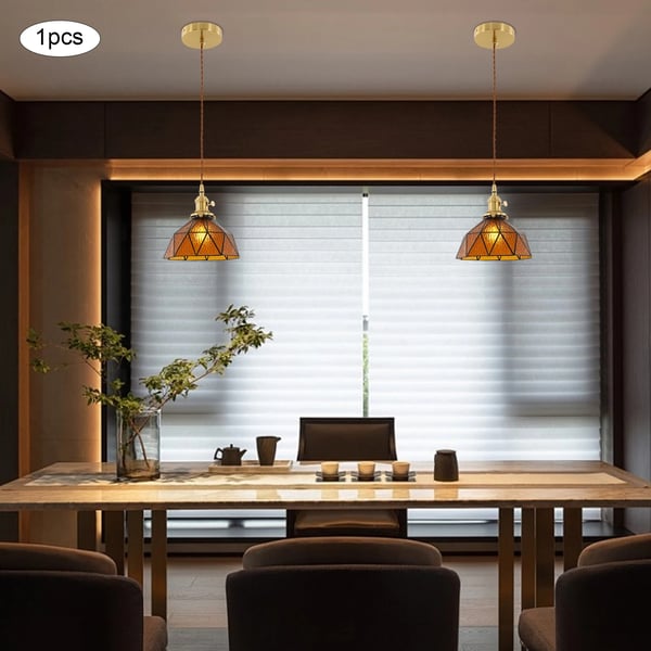 Moderne Pendellampe, Justerbar Højde, Amber Glas Skærm,MULTI