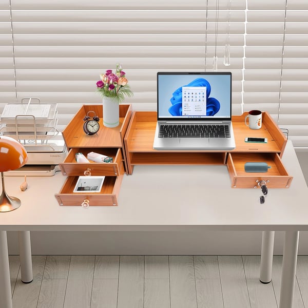 Monitorstand, MDF-materiale, Dimensioner: 48x20x13,5 cm, Samlet længde: 65,5 cm, Belastningskapacitet: 5 kg, Vægt: 2,7 kg