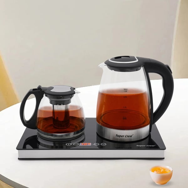 Elkedel, dobbelt design, 1800W effekt, 0,48 gallons kapacitet, rustfrit stål og glas, automatisk slukning