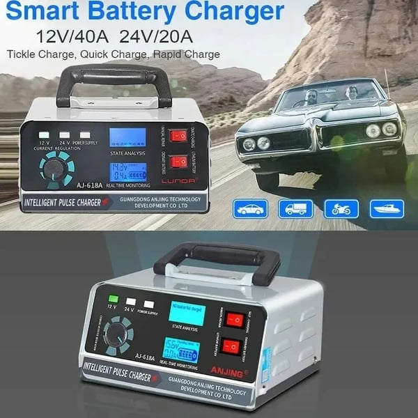 Batterioplader, Smart Pulse Reparation, Fungerer med 12V/24V Systemer,12V 40A /24V 20A