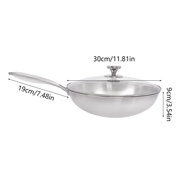 Stegepande, Rustfrit Stål, 30 cm Diameter, Egnet til Gas og Induktion, Tempereret Glaslåg, Non-stick