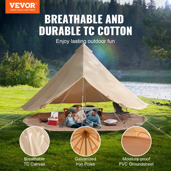 Canvas Bell Tent, 4 m Dækningsdiameter, Skorsten Ventilation, Plads til 6 Personer,4m