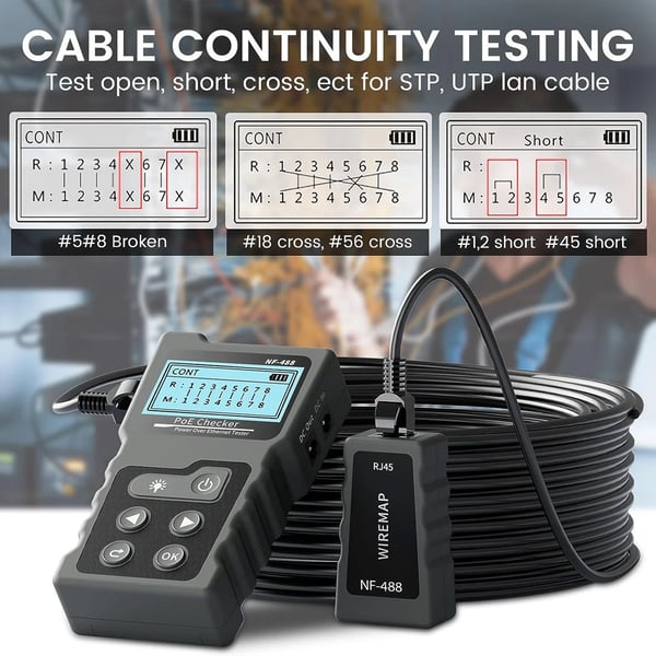 Nätverkskabeltestare, PoE-testning, LCD-display,NF-488