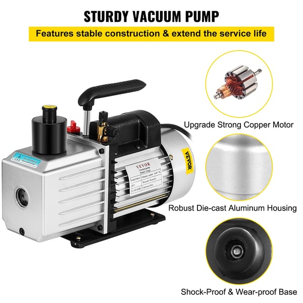 "Vakuumpumpe, 8 CFM flow rate, 1 HK effekt, 0,3 PA ultimativ vakuum, dual stage, kompatibel med 1/4"" flare"