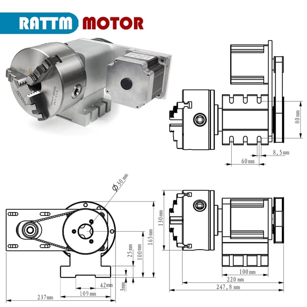 Rotationsaksekit, 3-kæbe chuck, kompatibel med NEMA 34 servomotor,med 4.5N tæt