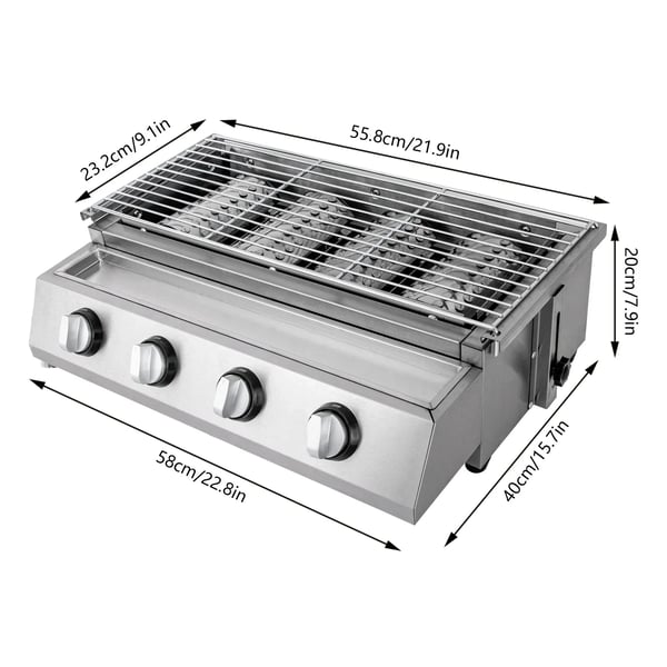 Gasolgrill, 4 Brännare, Rostfritt Stål, Ljusgrå