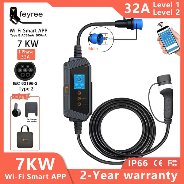 Bærbar EV-lader, 7KW effekt, justerbar ladestyrke,7KW APP NEJ Adapter