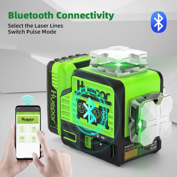 Huepar 8 Liners Grøn Laser Niveller, Bluetooth Kontrol, 10 Timers Driftstid,Med detektor