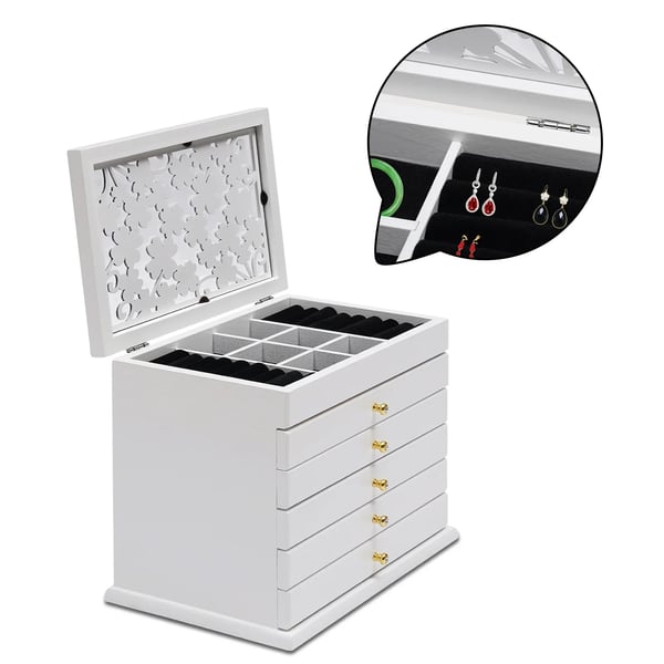 Smykkeorganisator, 6 lag, Elegant trædesign,HVID
