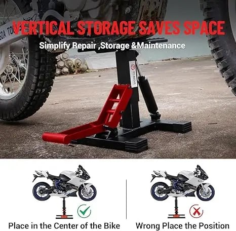 Hydraulisk motorcykel løftestativ, belastningskapacitet 440 lbs, justerbar højde 4,5 til 15,75 tommer, stål konstruktion, skridsikre gummipuder